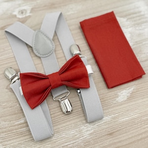 Terracotta Bow tie & Suspenders, Light Gray Braces, Cinnamon Bowtie, Pocket Square, Ring Bearer Outfit, Boho Rustic Wedding
