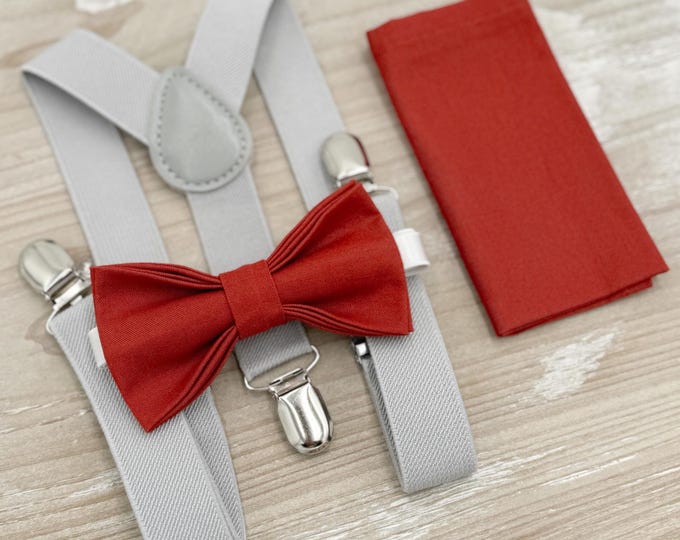 Terracotta Bow tie & Suspenders, Light Gray Braces, Cinnamon Bowtie, Pocket Square, Ring Bearer Outfit, Boho Rustic Wedding