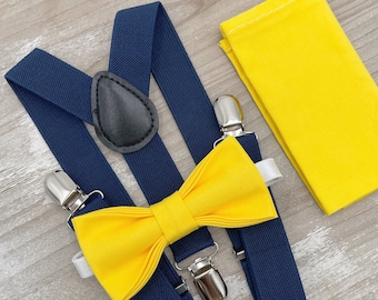 Yellow Bow Tie & Navy Blue Suspenders , Marine Braces , Men's pocket square , Boy's Ring Bearer gift , Groomsmen Wedding outfit