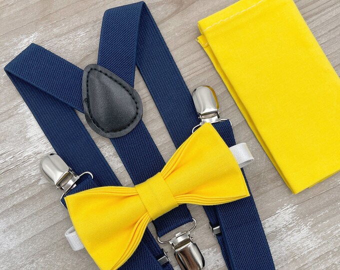 Yellow Bow Tie & Navy Blue Suspenders , Marine Braces , Men's pocket square , Boy's Ring Bearer gift , Groomsmen Wedding outfit