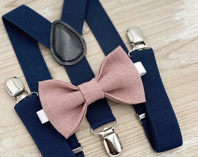 Dusty Rose Linen Bow tie & Suspenders | Navy Blue Braces | Groomsman Gift | Ring Bearer Outfit | Boho Rustic Wedding