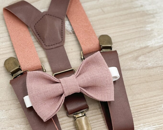 Dusty Rose Linen Bow tie & Suspenders | Leather Braces | Groomsman Gift | Ring Bearer Outfit | Boho Rustic Wedding