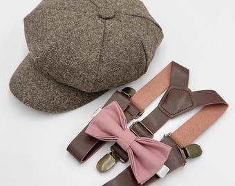 Newsboy Cap Outfit, Baby to Adult - Ring Bearer & Groomsman Wedding Set, Dusty Rose Bow Tie and Leather Suspenders, Gatsby Flat Cap