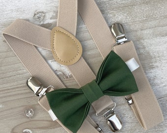 Hunter Green Bow Tie & Champagne Tan Suspenders , Men's bow tie , Ring Bearer Boy's outfit , Newborn bow tie , Groomsmen Wedding outfit