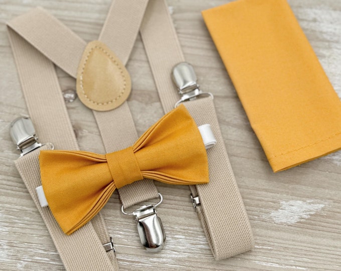 Marigold Bow tie & Suspenders | Champagne Tan Braces | Pocket Square | Ring Bearer Outfit | Boho Rustic Wedding