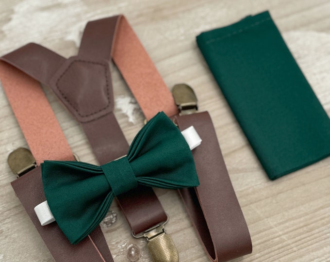 Pine Bow tie & Suspenders | Vegan Leather Braces | Gem Bow | Pocket Square | Ring Bearer Outfit | Boho Rustic Wedding