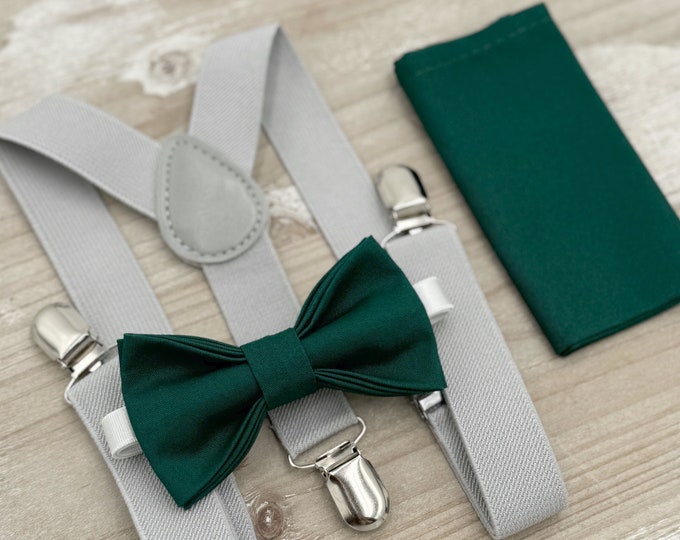 Pine Bow tie & Suspenders | Light Gray Braces | Gem Bow | Pocket Square | Ring Bearer Outfit | Boho Rustic Wedding