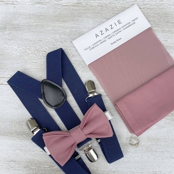 Dusty Rose Bow Tie & Navy Blue Suspenders , Men's pocket square , Boy's Ring Bearer gift , Groomsmen Gift , Wedding Groom outfit