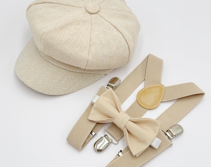 Newsboy Cap Outfit for Baby to 10 Years - Ring Bearer Set with Champagne Bow Tie & Suspenders, Page Boy Wedding, Gatsby Flat Cap