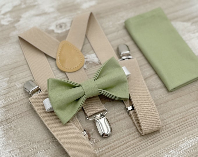 Pistachio Bow tie & Suspenders, Champagne Tan Braces, Pocket Square, Ring Bearer Outfit, Boho Rustic Wedding, Groomsman Gift