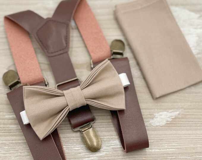 Light Taupe Bow tie & Suspenders | Leather Braces | Pocket Square | Ring Bearer Outfit | Boho Rustic Wedding
