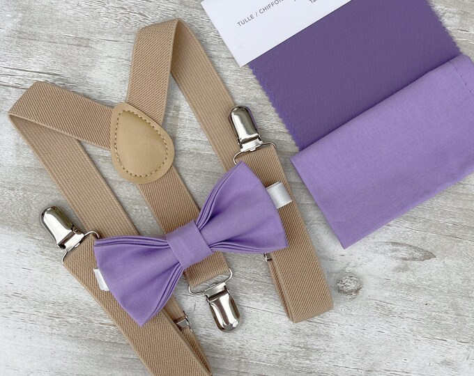 Tahiti Bow tie & Suspenders, Nude Beige Braces, Pocket Square, Ring Bearer Outfit, Boho Rustic Wedding, Groomsman Gift, Purple Bowtie