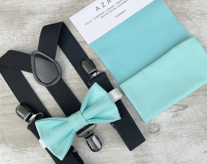 Aqua Blue Bow Tie & Black Suspenders , Men's pocket square , Boy's Ring Bearer gift , Groomsmen Gift , Wedding Groom outfit