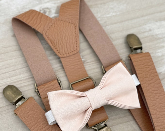 English Rose Pink Bow Tie & Leather Suspenders , Light Brown braces , Rose Petal Bowtie , Men's pocket square , Boy's Ring Bearer gift