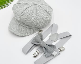 Newsboy Cap, Gatsby Flat Cap, Suspenders & Linen Gray Bow Tie - Baby to Adult Sizes, Ring Bearer Outfit, Page Boy Wedding Set
