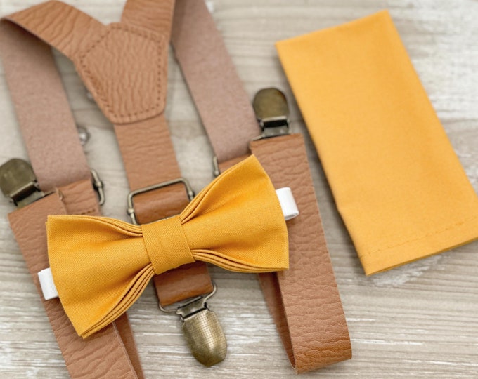 Marigold Bow Tie and Suspenders, Yellow Ring Bearer Outfit, Rustic Wedding, All Sizes Baby to Adult, Leather Braces, Groomsman Gift