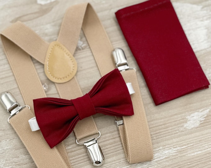 Burgundy Bow tie & Suspenders, Nude Beige Braces, Pocket Square, Ring Bearer Outfit, Boho Rustic Wedding