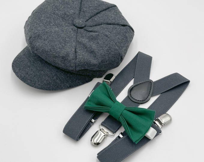 Newsboy Cap, Gatsby Flat Cap, Dark Gray Suspenders & Emerald Green Bow Tie - Baby to Adult Sizes, Ring Bearer Outfit, Page Boy Wedding Set