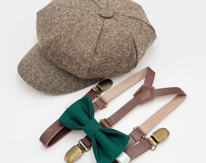 Newsboy Cap Outfit, Baby to Adult - Ring Bearer & Groomsman Wedding Set, Pine Green Bow Tie and Skinny Leather Suspenders, Gatsby Flat Cap