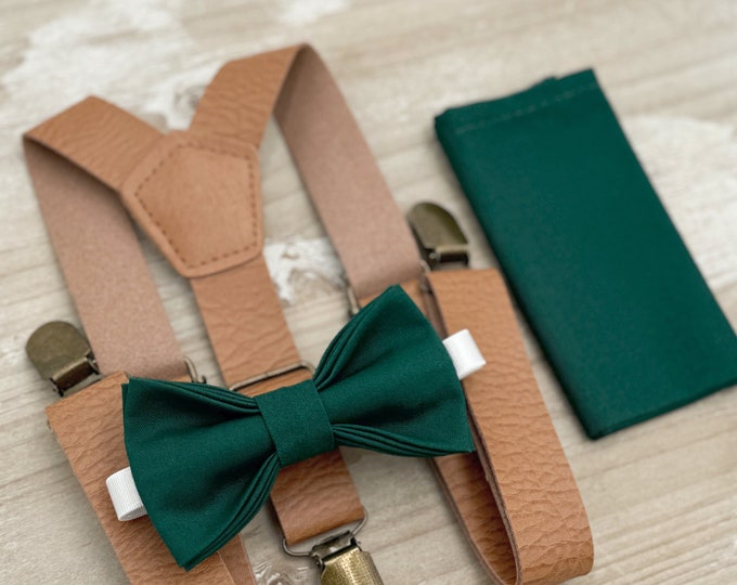 Pine Bow tie & Vegan Leather Suspenders | Light brown Braces | Gem Bow | Pocket Square | Ring Bearer Outfit | Boho Wedding