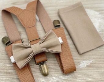 Taupe Bow Tie & Leather Suspenders – Ring Bearer and Groomsman Outfit, Rustic Boho Wedding, Pocket Square, Toddler to Adult Sizes