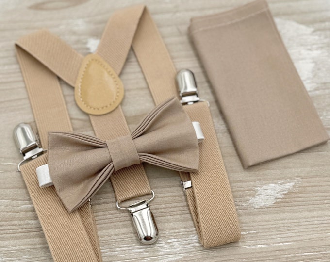 Light Taupe Bow tie & Suspenders, Nude Beige Braces, Pocket Square, Ring Bearer Outfit, Boho Rustic Wedding