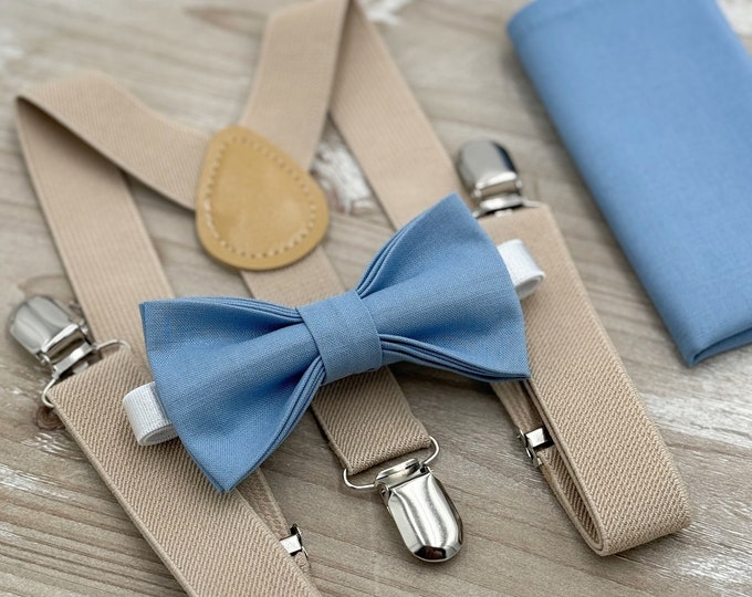 Steel Bow tie & Suspenders | Champagne Braces | Pocket Square | Ring Bearer Outfit | Boho Wedding | Rustic Wedding Outfit | Groomsman Gift