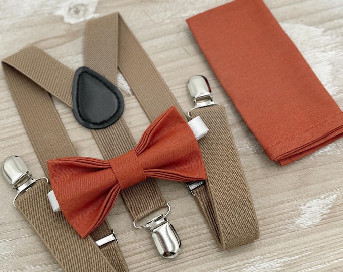 Paprika Bow tie & Suspenders | Taupe Braces | Sienna Bow | Pocket Square | Ring Bearer Outfit | Boho Rustic Wedding