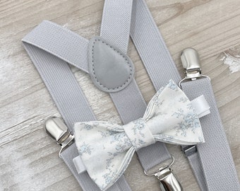 Floral Dusty Blue Bow Tie & Light gray Suspenders , Men's bow tie , Boy's Ring Bearer gift , Groomsmen Set , Wedding Groom outfit