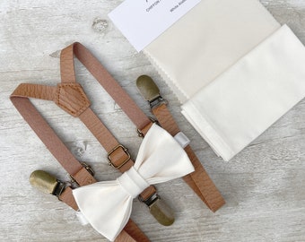 Alabaster Ecru Bow Tie & Skinny Light Brown Leather Suspenders , Men's pocket square , Boy's Ring Bearer gift , Groomsmen Wedding outfit