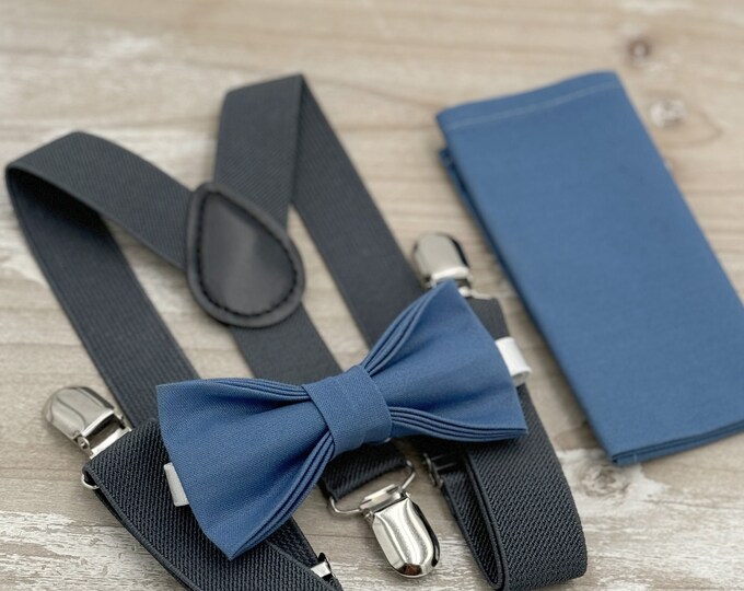 Dark Steel Bow tie & Suspenders | Charcoal Dark Gray Braces | Pocket Square | Ring Bearer Outfit | Boho Rustic Wedding | Groomsman Gift
