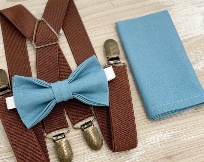 Bermuda Bow tie & Suspenders | Brown X- Back Braces | Slate Blue Bow | Pocket Square | Ring Bearer Outfit | Boho Rustic Wedding