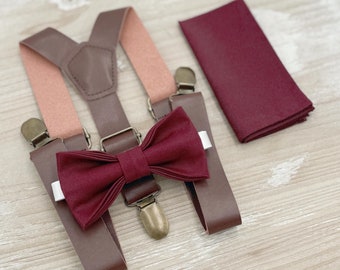 Cabernet Bow Tie & Suspenders, Wine Bowtie Set, Vegan Leather Braces, Groomsman Gift, Ring Bearer Wedding Outfit, All Sizes Men and Boys