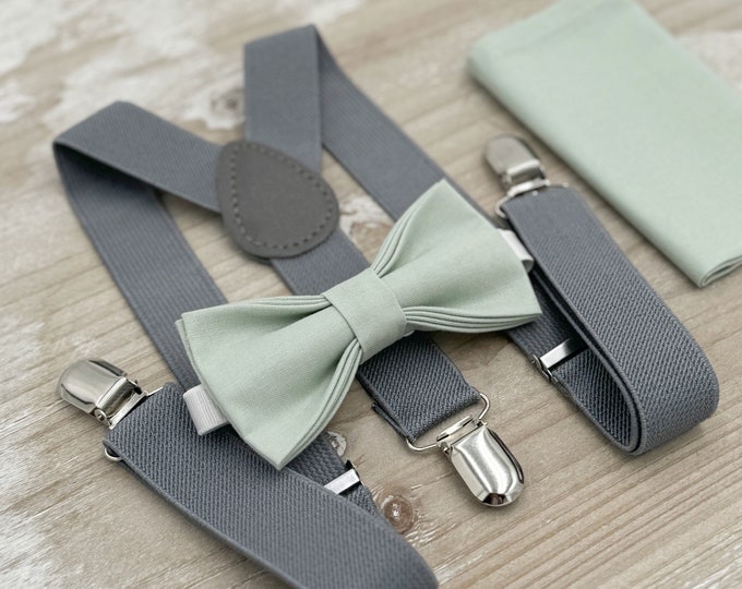 Dusty Sage Bow tie & Suspenders, Gray Braces, Pocket Square, Ring Bearer Outfit, Boho Wedding Set