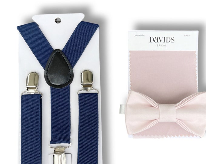 Pale Pink Bow Tie & Navy Blue Suspenders , Men's bow tie , Boy's Ring Bearer gift , Groomsmen Wedding outfit , Marine Blue braces