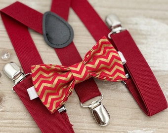 Gold Chevron Bow Tie & Red Suspenders – Ring Bearer and Groomsman Outfit, Rustic Boho Wedding, Toddler to Adult Sizes