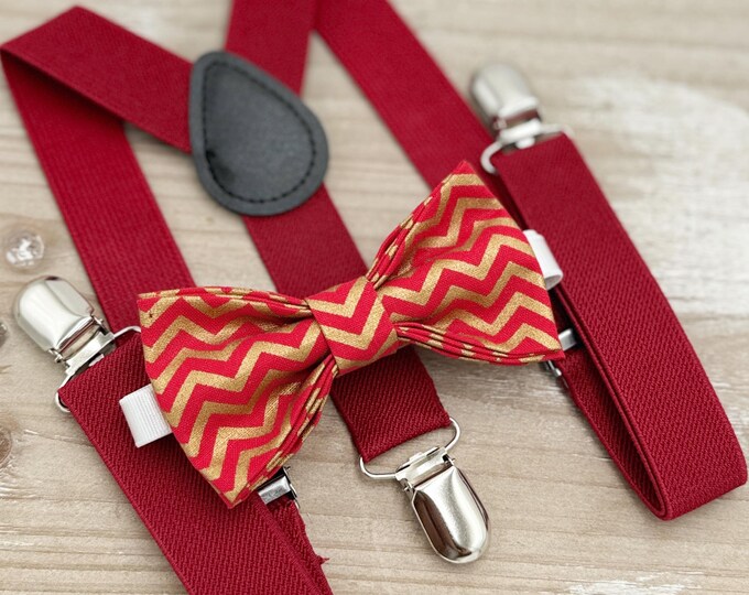 Gold Chevron Bow Tie & Red Suspenders – Ring Bearer and Groomsman Outfit, Rustic Boho Wedding, Toddler to Adult Sizes