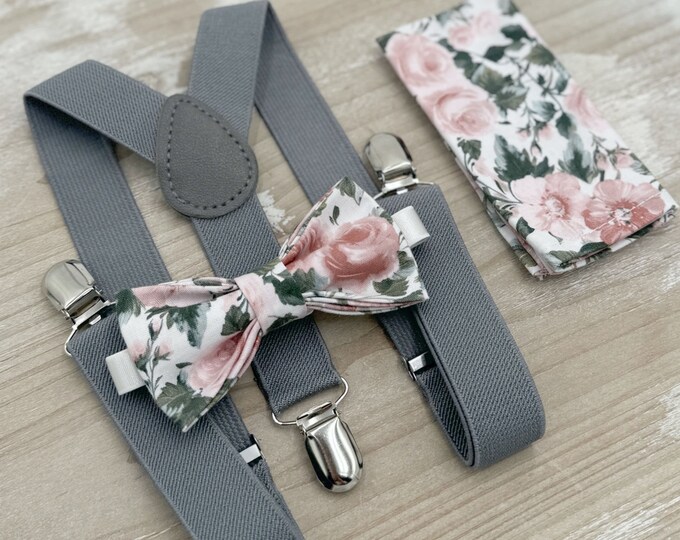 Floral Bow tie & Suspenders, Gray Braces, Dusty Rose Bow Tie, Pocket Square, Ring Bearer Outfit, Boho Wedding, Groomsman Gift
