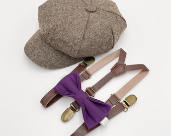 Newsboy Cap Outfit, Baby to Adult - Ring Bearer & Groomsman Wedding Set, Plum Bow Tie and Skinny Leather Suspenders, Gatsby Flat Cap