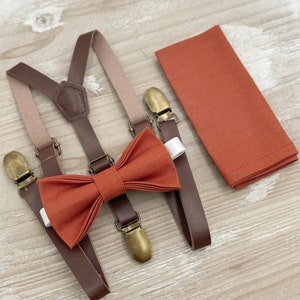 Paprika Bow Tie & Skinny Leather Suspenders - Ring Bearer and Groomsman Outfit, Rustic Wedding, Pocket Square, All Sizes Baby to Adult