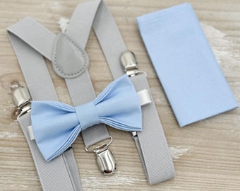 Ice Blue Bow Tie & Gray Suspenders Set - Ring Bearer and Groomsman Outfit, Rustic Wedding, Pocket Square, All Sizes Baby to Adult