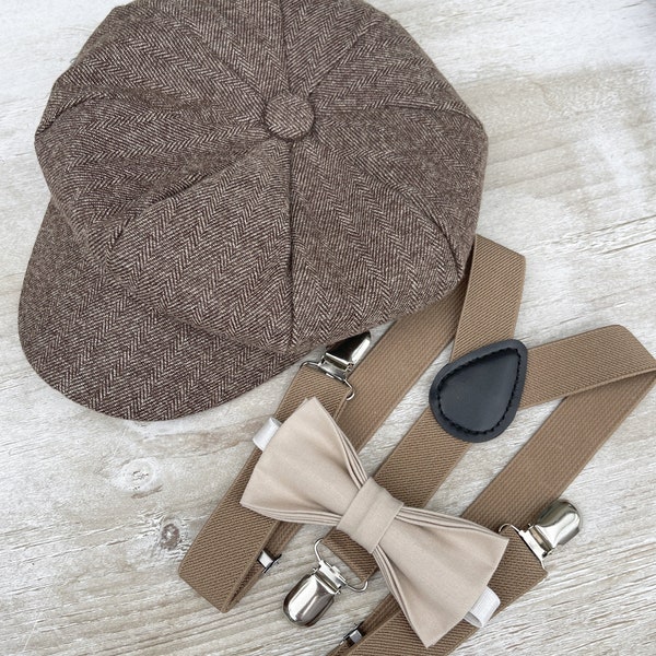 Taupe Newsboy Cap hat , Biscotti Bow Tie & Taupe Suspenders , Kids baby boy ring bearer photo prop outfit , Mens Groom Best man set