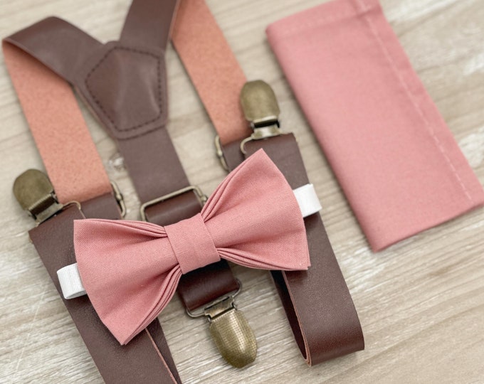 Champagne Rose Bow tie & Suspenders | Leather Braces | Pocket Square | Ring Bearer Outfit | Boho Rustic Wedding