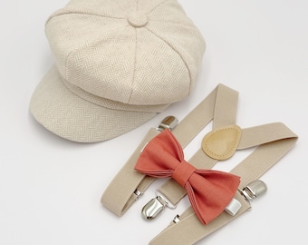 Newsboy Cap Outfit for Baby to 10 Years - Ring Bearer Set with Sedona Bow Tie & Suspenders, Page Boy Wedding, Gatsby Flat Cap