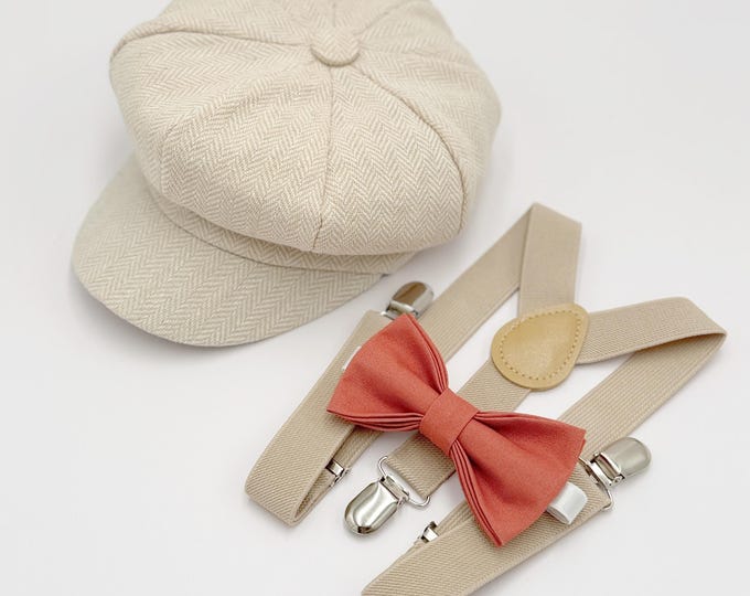 Newsboy Cap Outfit for Baby to 10 Years - Ring Bearer Set with Sedona Bow Tie & Suspenders, Page Boy Wedding, Gatsby Flat Cap