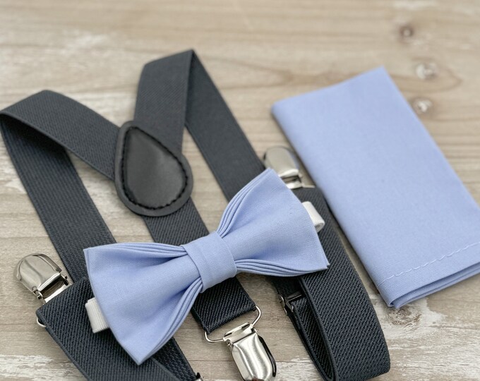 Periwinkle Bow tie & Suspenders | Dark Gray Braces | Pocket Square | Ring Bearer Outfit | Boho Rustic Wedding | Groomsman Gift