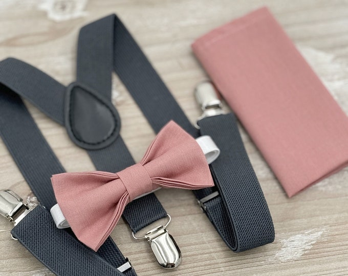 Desert Coral Bow tie & Suspenders | Charcoal Dark Gray Braces | Pocket Square | Ring Bearer Outfit | Boho Wedding | Groomsman Gift