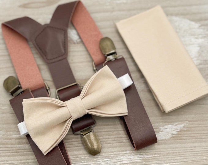 Champagne Tan Bow tie & Suspenders | Vegan Leather Braces | Pocket Square | Ring Bearer Outfit | Boho Rustic Wedding