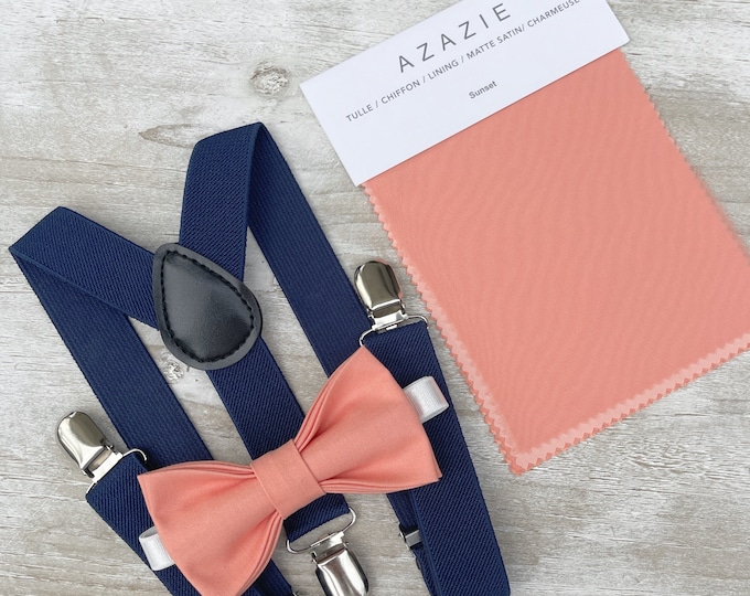 Sunset Bow Tie & Navy Blue Suspenders , Men's Coral Bow , Marine Braces , Boy's Ring Bearer gift , Groomsmen Gift , Wedding Groom outfit
