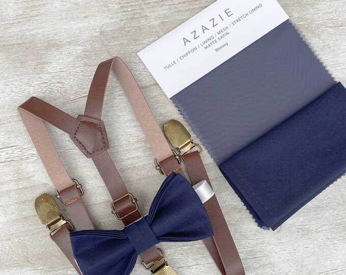 Stormy Blue Bow Tie & Brown Skinny Leather Suspenders , Men's pocket square , Boy's Ring Bearer gift , Groomsmen Wedding outfit